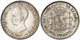 1889*1889. Alfonso XIII. MPM. 1 peseta. (Cal. 37). 4,99 g. Muy bella. Brillo original. Rara y más así. EBC+.