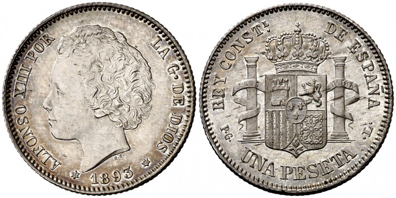 1893*1893. Alfonso XIII. PGL. 1 peseta. (Cal. 39). 4,95 g. Mínimas impurezas. Mu...