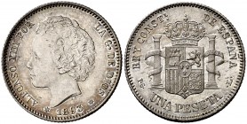 1893*1893. Alfonso XIII. PGL. 1 peseta. (Cal. 39). 4,95 g. Mínimas impurezas. Muy bella. Brillo original. Rara así. S/C-.