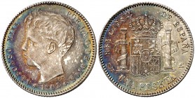 1902*1902. Alfonso XIII. SMV. 1 peseta. (Cal. 48). 5,01 g. Preciosa pátina. Muy bella. Rara así. S/C-.
