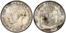 1895. Alfonso XIII. Puerto Rico. PGV. 20 centavos. (Cal. 84). 5,04 g. Manchitas. Atractiva. (EBC-).