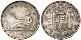 1869*1869. Gobierno Provisional. SNM. 2 pesetas. (Cal. 5). 10,05 g. Leves marquitas. Bella. Preciosa pátina. Rara así. EBC+.