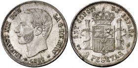 1881*1881. Alfonso XII. MSM. 2 pesetas. (Cal. 48). 9,90 g. Mínimos golpecitos. Bella. Brillo original. Rara así. EBC+.