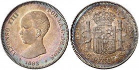 1892*1892. Alfonso XIII. PGM. 2 pesetas. (Cal. 32). 9,97 g. Leves marquitas. Bellísima pátina. Rara así. EBC+/EBC.