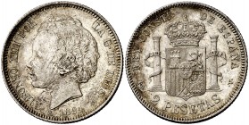1894*1894. Alfonso XIII. PGV. 2 pesetas. (Cal. 33). 10,01 g. Mínimas impurezas. Bella. Parte de brillo original. Rara y más así. EBC.