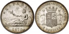 1870*1870. Gobierno Provisional SNM. 5 pesetas. (Cal. 3). 24,86 g. Mínimas rayitas. Parte de brillo original. Rara así. EBC-.