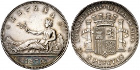 1870*1870. Gobierno Provisional. SNM. 5 pesetas. (Cal. 3). 24,82 g. Leves marquitas. Preciosa pátina. Rara así. EBC.