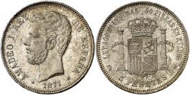 1871*1874. Amadeo I. DEM. 5 pesetas. (Cal. 10). 25,01 g. Bella. Brillo original. Rara así. EBC/EBC+.