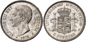 1876*1876. Alfonso XII. DEM. 5 pesetas. (Cal. 26a). 25,03 g. Leves marquitas. Bella. Brillo original. Rara así. EBC+.