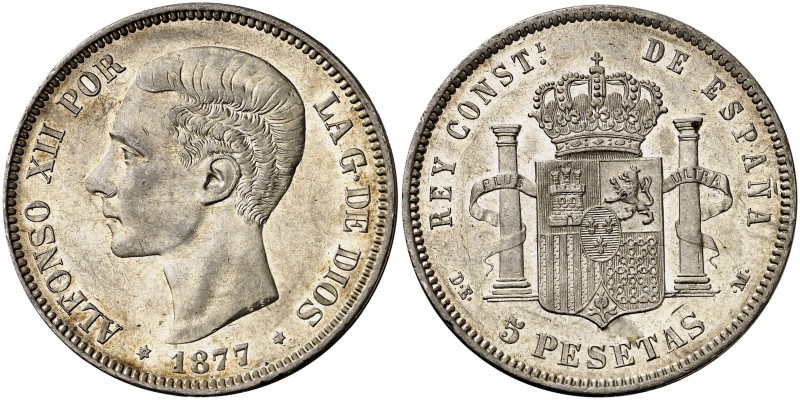 1877*1877. Alfonso XII. DEM. 5 pesetas. (Cal. 28). 25 g. Bella. Brillo original....