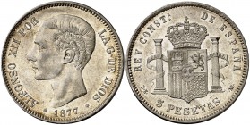 1877*1877. Alfonso XII. DEM. 5 pesetas. (Cal. 28). 25 g. Bella. Brillo original. Rara así. EBC.