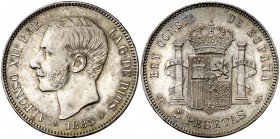 1885*1887. Alfonso XII. MPM. 5 pesetas. (Cal. 43). 24,97 g. Muy bella. Preciosa pátina. Rara así. EBC+.
