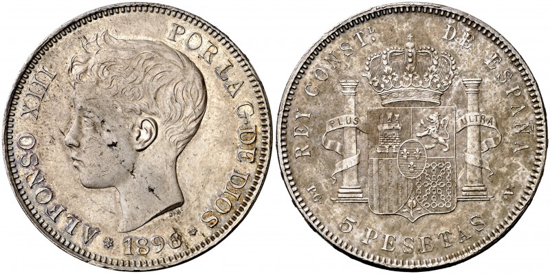 1896*1896. Alfonso XIII. PGV. 5 pesetas. (Cal. 25). 24,84 g. Leves impurezas. Pa...