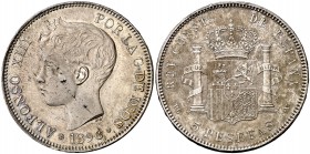 1896*1896. Alfonso XIII. PGV. 5 pesetas. (Cal. 25). 24,84 g. Leves impurezas. Parte de brillo original. (EBC/EBC+).