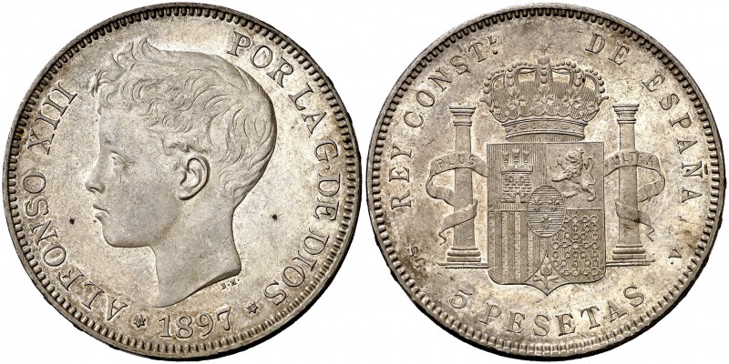 1897*1897. Alfonso XIII. SGV. 5 pesetas. (Cal. 26). 24,80 g. Bella. Brillo origi...