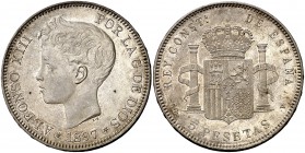 1897*1897. Alfonso XIII. SGV. 5 pesetas. (Cal. 26). 24,80 g. Bella. Brillo original. Escasa así. S/C-.