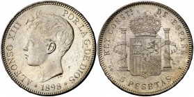 1898*1898. Alfonso XIII. SGV. 5 pesetas. (Cal. 27). 24,77 g. Leves marquitas. Muy bella. Preciosa pátina. Brillo original. Escasa así. EBC+.