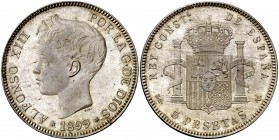 1899*1899. Alfonso XIII. SGV. 5 pesetas. (Cal. 28). 25 g. Bella. Brillo original. Escasa así. S/C-.