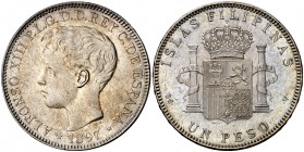 1897. Alfonso XIII. Manila. SGV. 1 peso. (Cal. 81). 24,86 g. Leves marquitas. Muy bella. Brillo original. Rara así. EBC+.
