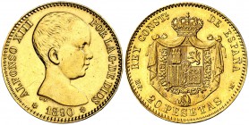 1890*1890. Alfonso XIII. MPM. 20 pesetas. (Cal. 5). 6,45 g. Limpiada. (EBC-).