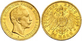 1906. Alemania. Prusia. Guillermo II. A (Berlín). 20 marcos. (Fr. 3831) (Kr. 521). 7,93 g. AU. Leves golpecitos. EBC-.