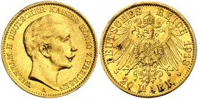 1913. Alemania. Prusia. Guillermo II. A (Berlín). 20 marcos. (Fr. 3831) (Kr. 521). 7,97 g. AU. EBC-/EBC.
