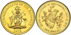 1975. Bahamas. Isabel II. 100 dólares. (Fr. 23) (Kr. 77). 18,16 g. AU. 2º Aniversario de la Independencia. Acuñación de 3694 ejemplares. S/C.