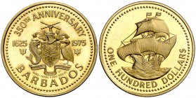 1975. Barbados. Isabel II. FM (Franklin Mint). 100 dólares. (Fr. 1) (Kr. 18). 6,49 g. AU. 350º Aniversario del "Olive Blossom". Proof.
