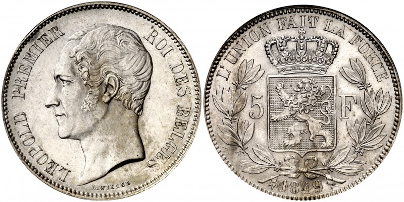 1849. Bélgica. Leopoldo I. 5 francos. (Kr. 17). AG. En cápsula de la NGC como MS...