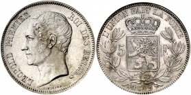 1849. Bélgica. Leopoldo I. 5 francos. (Kr. 17). AG. En cápsula de la NGC como MS63, nº 2146803-003. Muy bella. Brillo original. Rara así. S/C.