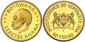 1966. Botsuana B (Berna). 10 thebe. (Fr. 1) (Kr. 2). 11,30 g. AU. Independencia. Acuñación de 5100 ejemplares. Escasa. S/C.