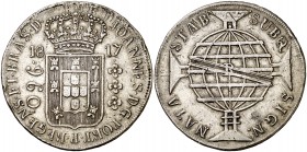 1817. Brasil. Juan, Príncipe Regente. B (Bahía). 960 reis. (Kr. 307.1). 26,06 g. AG. Acuñada sobre un 8 reales español de Fernando VII. Escasa. MBC+....