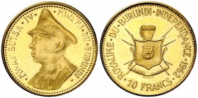 1962. Burundi. Mwambutsa IV. 10 francos. (Fr. 4) (Kr. 2). 3,19 g. AU. Independencia. Proof.