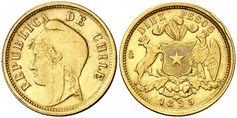 1895. Chile. (Santiago). 10 pesos. (Fr. 49) (Kr. 154). 5,97 g. AU. EBC-.