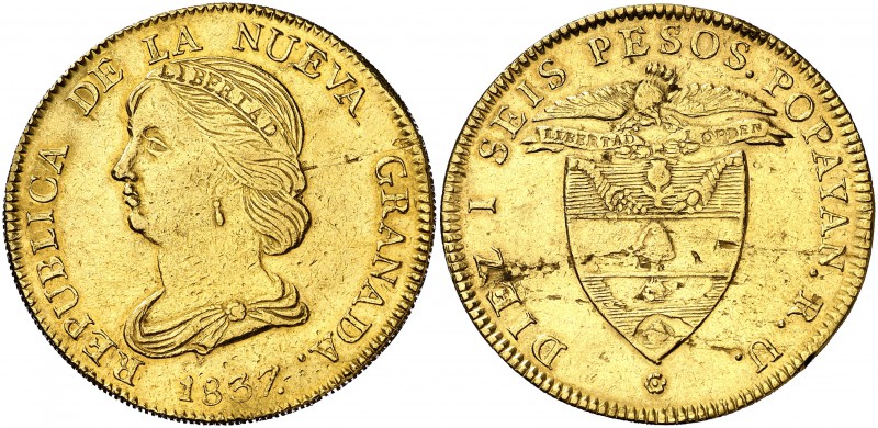 1837. Colombia. Nueva Granada. Popayán. RU. 16 pesos. (Fr. 75) (Kr. 94.2). 27,01...