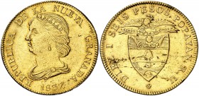 1837. Colombia. Nueva Granada. Popayán. RU. 16 pesos. (Fr. 75) (Kr. 94.2). 27,01 g. AU. Limpiada. (MBC+).