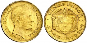 1920. Colombia. A (Medellín). 5 pesos. (Fr. 113) (Kr. 201.1). 7,97 g. AU. EBC/EBC-.
