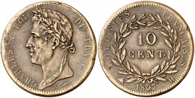 1827. Colonias francesas. Carlos X. H (La Rochelle). 10 céntimos. (Kr. 11.2). 20,43 g. CU. Leves golpecitos. Buen ejemplar. Escasa así. MBC+.