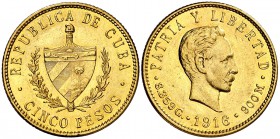 1916. Cuba. 5 pesos. (Fr. 4) (Kr. 19). 8,36 g. AU. EBC.