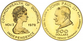 1978. Dominica. Isabel II. CHI (Chiasso). 300 dólares. (Fr. 3) (Kr. 19). 19,18 g. AU. Visita de Juan Pablo II. Acuñación de 5000 ejemplares. Escasa. P...