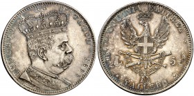 1891. Eritrea. Humberto I. 1 tallero/5 liras. (Kr. 4). 28 g. AG. Ocupación italiana. Rara. EBC.