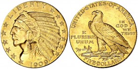 1909. Estados Unidos. D (Denver). 5 dólares. (Fr. 151) (Kr. 129). 8,34 g. AU. Tipo "indio". EBC-.