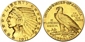 1911. Estados Unidos. Filadelfia. 5 dólares. (Fr. 148) (Kr. 129). 8,34 g. AU. Tipo "indio". MBC+.