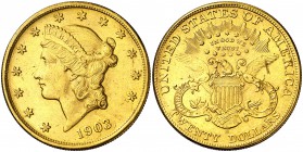 1903. Estados Unidos. S (San Francisco). 20 dólares. (Fr. 178) (Kr. 74.3). 33,37 g. AU. Bella. EBC.