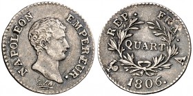 1806. Francia. Napoleón. A (París). 1/4 franco. (Kr. 670.1). 1,24 g. AG. MBC+.