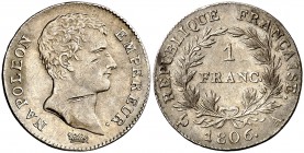 1806. Francia. Napoleón. A (París). 1 franco. (Kr. 672.1). 4,95 g. AG. Rayas en anverso. (MBC+).