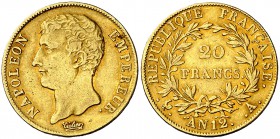 An 12 (1804). Francia. Napoleón. A (París). 20 francos. (Fr. 487) (Kr. 661). 6,39 g. AU. "Napoleón empereur". MBC+.