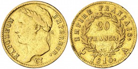 1810. Francia. Napoleón. A (París). 20 francos. (Fr. 511) (Kr. 695.1). 6,44 g. AU. MBC.