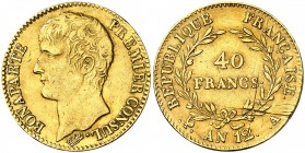 An 12 (1804). Francia. Napoleón. A (París). 40 francos. (Fr. 479) (Kr. 652). 12,82 g. AU. " Bonaparte premier consul". Rayitas de acuñación en reverso...