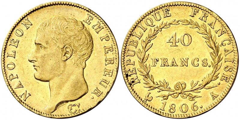 1806. Francia. Napoleón. A (París). 40 francos. (Fr. 481) (Kr. 675.1). 12,86 g. ...